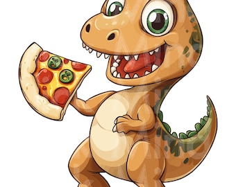 Dinosaur Holding Pizza - Funny Sublimation PNG, Dino Pizza Lover Design for T-Shirts, Mugs, Kids&#39; Gifts, Birthday Party Decor