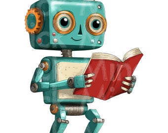 Robot Reading a Book - Adorable Sublimation PNG, Tech-Themed Design for T-Shirts, Mugs, Kids&#39; Gifts, Educational Decor