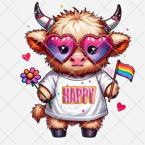 Cute HAPPY Highland Cow  PNG, colorful cow, highland cow, best seller, pod Instant Download ONLY