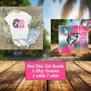 Confezione regalo REEL Girls Fish, maglietta, bicchiere da 20 once incluso, maglietta da pesca con data di pesca
