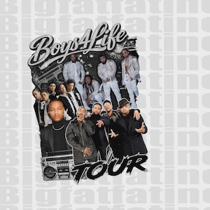 May include: A graphic design featuring a group of people, the text "Boys4Life" in a stylized font, and the word "TOUR" at the bottom. The design includes images of a boombox and a group of people.