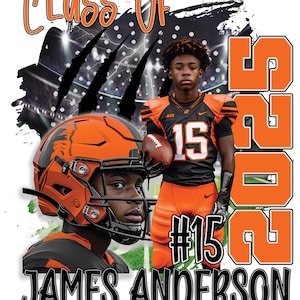 May include: A white t-shirt with a black and orange graphic design. The graphic features a football helmet, a football player, and the text "Class of 2023 #15 JAMES ANDERSON".