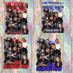 Könnte beinhalten: Eine Collage von Fotos einer Gruppe von Menschen, darunter Männer und Frauen, mit dem Text "MILLENNIUM TOUR 2025" oben und "THE MILLENNIUM TOUR" unten. Der Hintergrund ist ein bunter Farbverlauf.