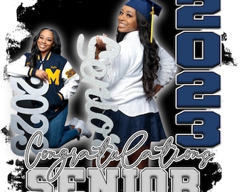 May include: Two women in graduation caps and gowns pose for a photo. One woman holds a silver glitter sign that says "Congrats" and the other holds a silver glitter sign that says "2023". The background is black with a white grunge effect. The text "Congratulations Senior" is written in silver glitter below the women.