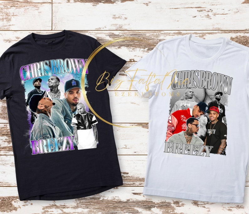 May include: Two t-shirts with a vintage-style graphic of Chris Brown. The graphic features multiple images of Chris Brown in different poses and outfits. The text "Chris Brown" and "Breezy" are printed on the shirts.