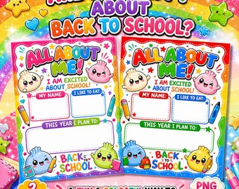 Todo sobre mí: Imprimible para la vuelta al cole / Hoja de trabajo colorida para el primer día de clase / Actividad kawaii para el aula / Descarga instantánea en formato PNG