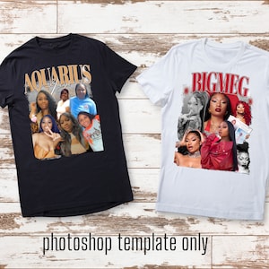 Puede incluir: Dos camisetas con diseños diferentes. La camiseta negra tiene un collage de fotos con el texto "AQUARIUS" en una fuente retro. La camiseta blanca tiene un collage de fotos con el texto "BIGMEG" en una fuente retro roja.