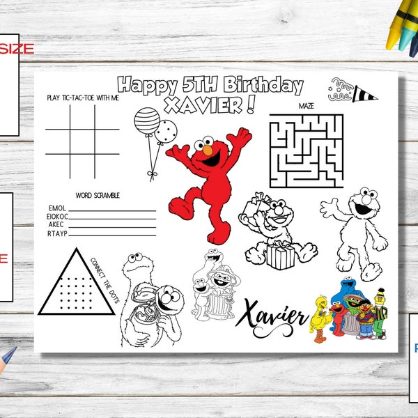 Printable ELMO SESAME Street Birthday, Kids Activity Place Mat, Birthday Cake Coloring Sheets, Birthday FUN, Activity Page, Printable