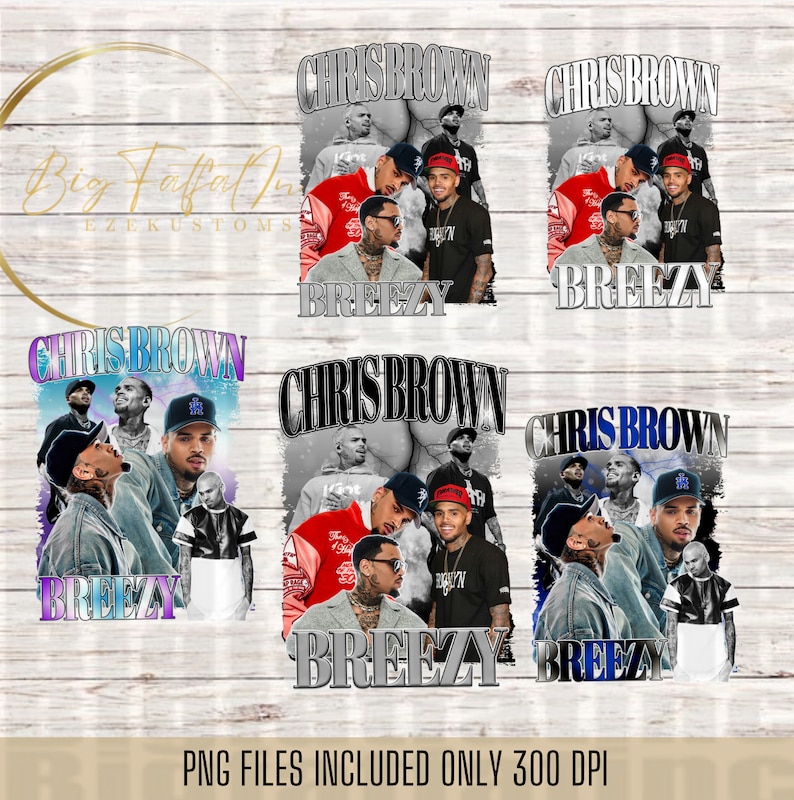 May include: Four digital designs featuring a collage of images of Chris Brown with the text "Chris Brown" and "Breezy".