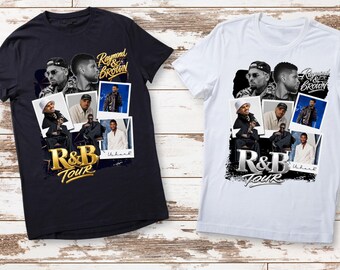 May include: Two t-shirts, one black and one white, featuring a collage of images and text. The text includes "Raymond & Brown" and "R&B Tour". The shirts have a crew neck and short sleeves.