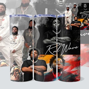 May include: A stainless steel tumbler featuring a collage of images of Rod Wave, with the text "Rod Wave" in a stylized script. The design includes black and white portraits and colorful accents.