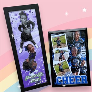 May include: Two framed photographs of a young girl in a cheerleading uniform. The first photo is a single image with a purple background and the text "Diamond Elite Allstars 2024". The second photo is a collage of four images with a blue background and the text "All-Star Cheer".