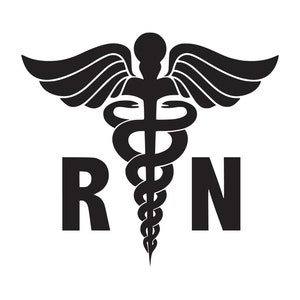 May include: A black and white Registered Nurse (RN) emblem. The design includes the Caduceus symbol, with wings and a staff entwined by two snakes, and the letters "R" and "N".