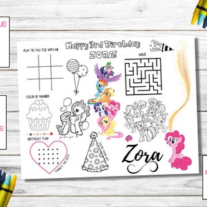 Printable My Little Pony Birthday, Kids Activity Place Mat, Birthday Cake Coloring Sheets, Birthday FUN, Activity Page, Printable