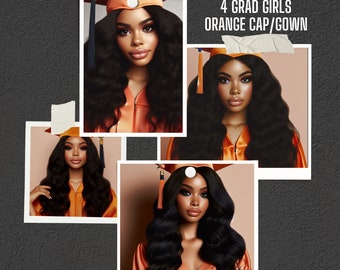 Graduation AI girls, orange cap and gown |PNG Stock Files only- 4 Images Instant download