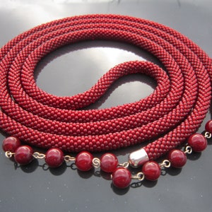 Dark red beaded necklace - seed beads crochet long necklace - lariat seed beads - red beads rope - Toho seed beads - beaded jewelry handmade