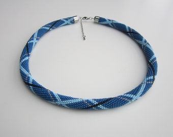 Saatperlen Halskette blau - Saatperlen Häkelseil - handgemachte Perlenkette - handgemachter Schmuck - Multicolor Halskette - dickes Seil