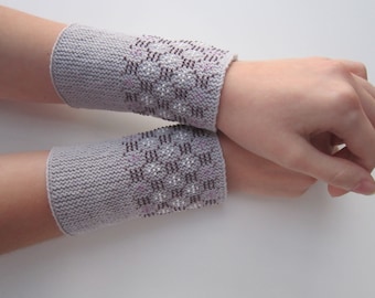 Seed beads warmers - knitted Merino wool bands - skin friendly warmers - soft  Merino wool - handmade fingerless gloves - gray pulse warmers