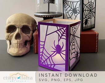 May include: Purple and black paper lantern with a spider web design and a spider silhouette. The lantern is lit with a candle inside.  INSTANT DOWNLOAD SVG, PNG, EPS, JPG