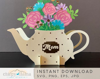3D Tea Pot With Flowers Mother's Day Pop Up, Centerpiece, Tea Party, Monogram Tea Pot, Mother's Day Decor, Paper template,SVG, PNG, EPS, Jpg