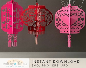3D Valentine Hängelaterne, Valentinstag Dekor Vorlage, 3D Papierlaterne, Valentine Lampion, Liebe, Herzen, SVG, PNG, EPS, Jpg