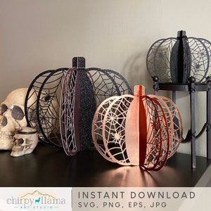 3D Halloween-Kürbis, Halloween-Kürbis-Herzstück-Dekor-Vorlage, 3D-Papierkürbis, gruseliger Spinnennetz-Kürbis, SVG, PNG, EPS, Jpg