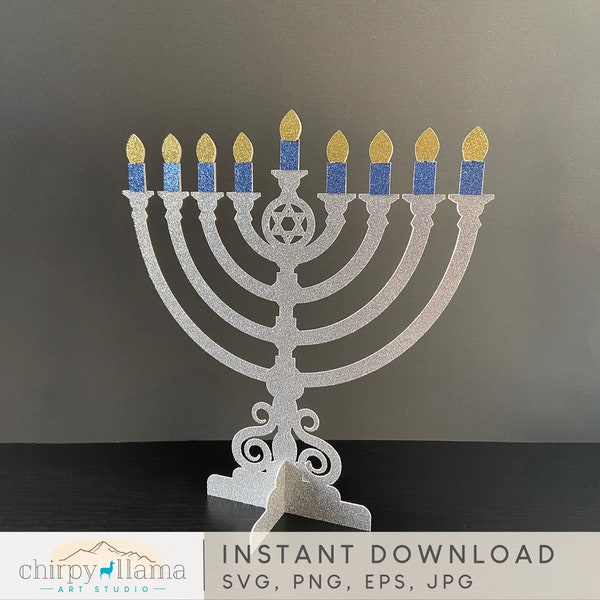 3D Hanukkah Menorah, Hanukkah Centerpiece Decor Template, 3D Hanukkah Menorah With Removable Flame Pieces, Table Decor, SVG, PNG, EPS, Jpg