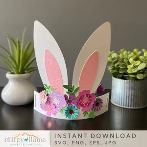 3D Easter Bunny Ears Headband, Easter Flower headband Template, Bunny Ears, Easter Decor, happy easter, Paper template,SVG, PNG, EPS, Jpg