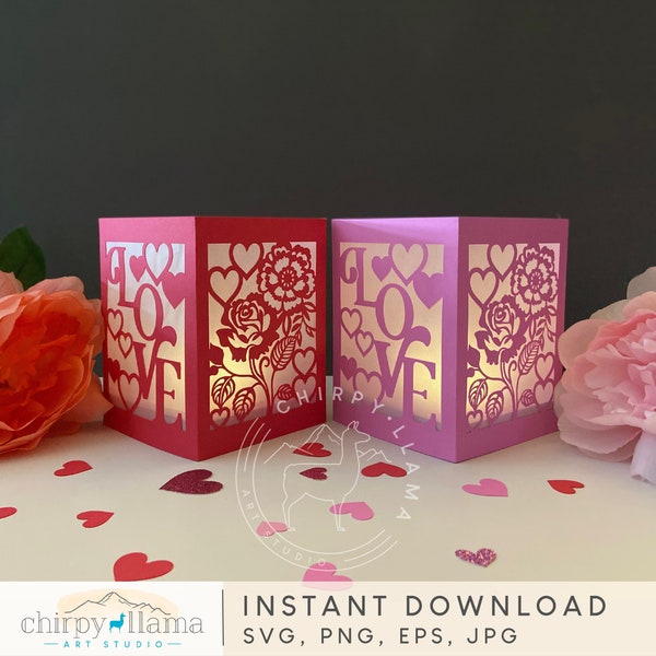 3D Rose Valentine Light Lantern, Table Centerpiece Decor, Roses, Love, Hearts, Valentine's Day Decor, Paper template,SVG, PNG, EPS, Jpg