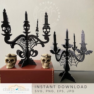 3D Halloween candélabre, tête de mort candélabre décoration, chauve-souris candélabre décoration, Spooky Halloween candélabre pièce maîtresse, SVG, PNG, EPS, Jpg