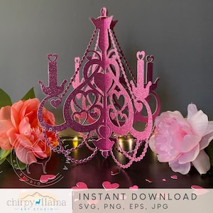 3D Valentijn kroonluchter, Valentijnsdag middelpunt decor sjabloon, 3D papier hart kroonluchter, Valentijn hangende mobiel, SVG, PNG, EPS, Jpg