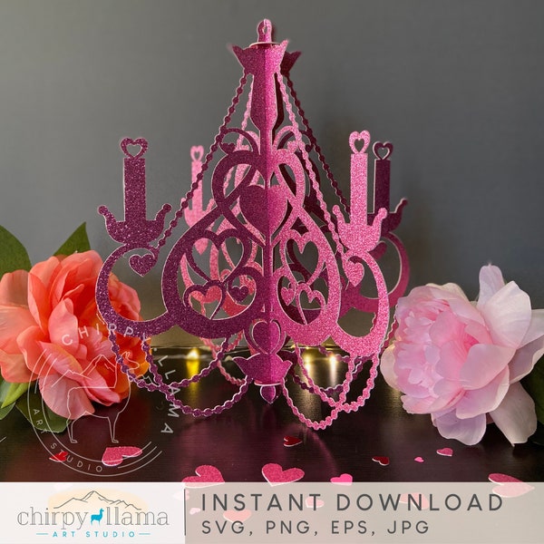 3D Valentine Chandelier, Valentine Day Centerpiece Decor Template, 3D Paper Heart Chandelier, Valentine hanging mobile, SVG, PNG, EPS, Jpg