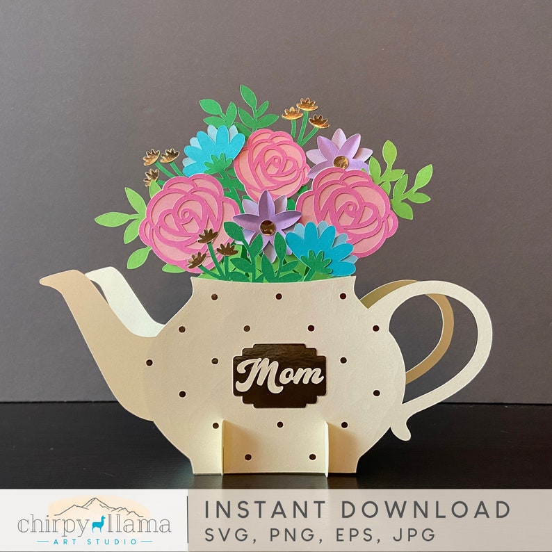 3D Tea Pot With Flowers Mother's Day Pop Up, Centerpiece, Tea Party, Monogram Tea Pot, Mother's Day Decor, Paper template,SVG, PNG, EPS, Jpg image 1