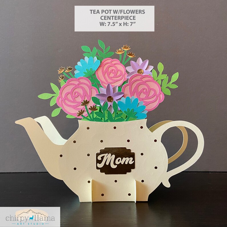 3D Tea Pot With Flowers Mother's Day Pop Up, Centerpiece, Tea Party, Monogram Tea Pot, Mother's Day Decor, Paper template,SVG, PNG, EPS, Jpg image 2