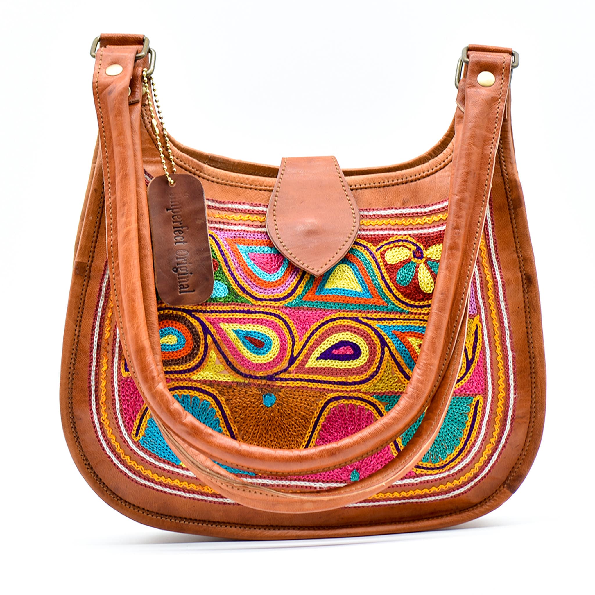 Boho Embroidered Leather Tote Bag for Women, Hippie Shoulder Bag With