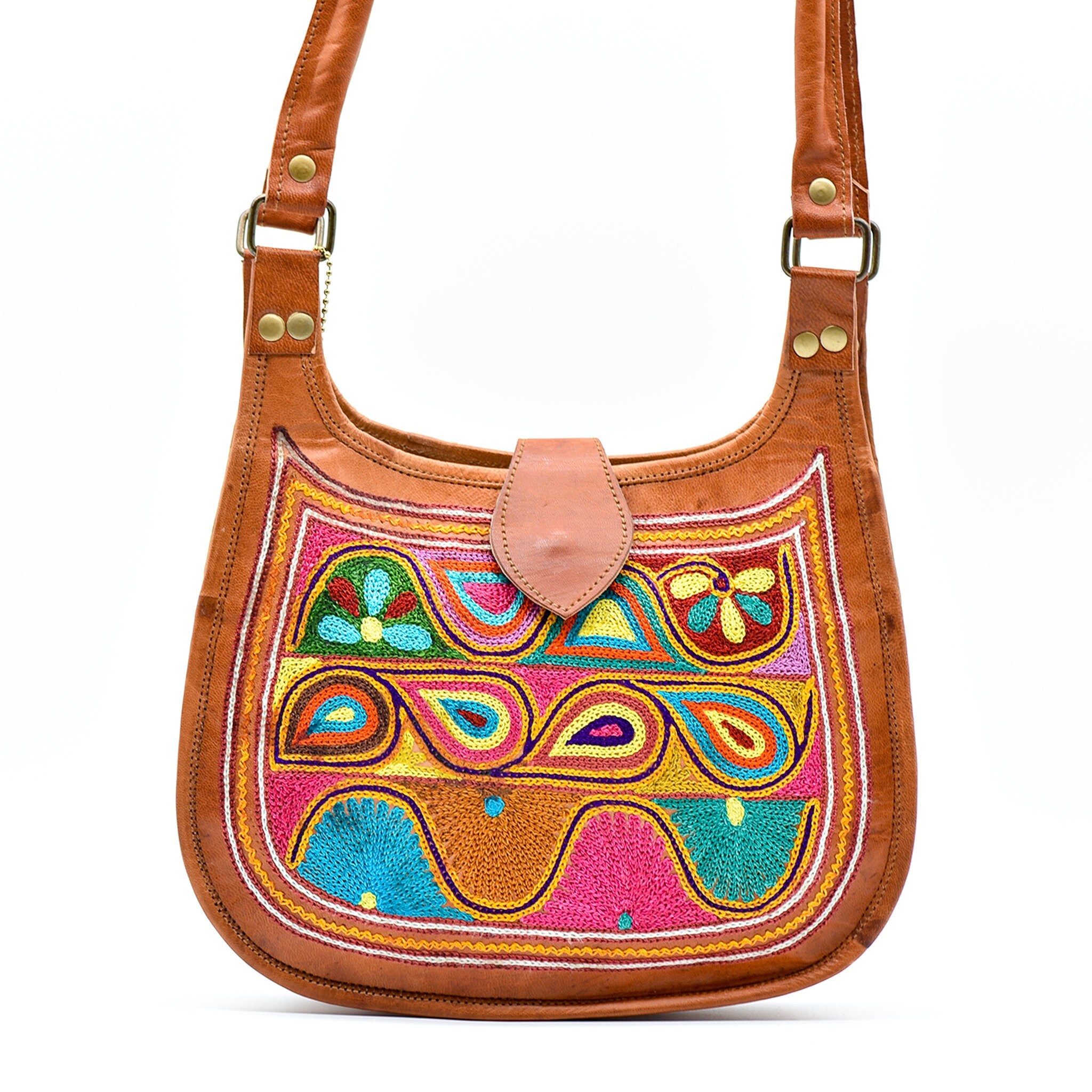 Boho Embroidered Leather Tote Bag for Women, Hippie Shoulder Bag With Pattern, 70s Vintage