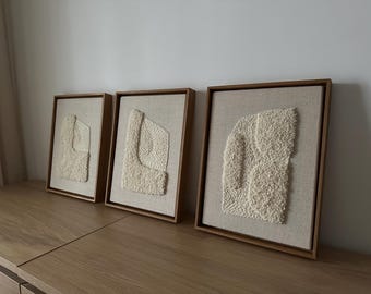 ¡OFERTA! 3 x (32 cm x 42 cm) / Decoración textil moderna para pared / Mano neutra / Tapiz japonés / Obra de arte original / Arte minimalista para pared