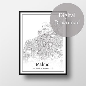 Malmö city map, Sweden Sverige, digital download, wall art, personalized gifts, print, art work Malmö