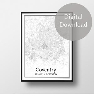 Mapa de la ciudad de Coventry, Mapa de la ciudad de Inglaterra, Reino Unido, Gran Bretaña, Noroeste, Impresión minimalista de arte de pared en blanco y negro, Descarga digital