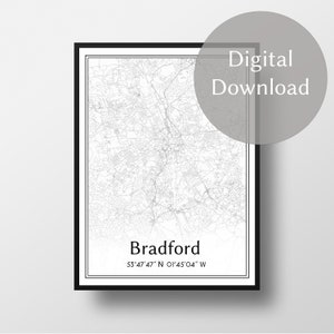 Bradford England City Map, United Kingdom, Britain, West Yorkshire, Minimalist Black And White Wall Art Print, Digital Download
