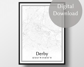 May include: A black and white printable map of Derby, England. The map shows the city's streets and landmarks. The text "Derby" and the coordinates "52°55'21" N 01°28'35" W" are printed below the map.