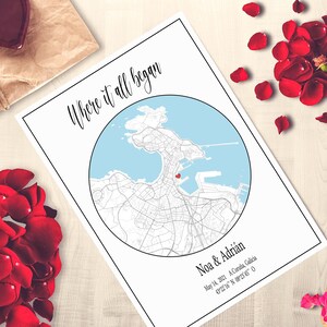 Cadeau pour la Saint-Valentin, carte de notre premier rendez-vous, carte de notre premier baiser, carte personnalisée, cadeau de mariage, cadeau d'anniversaire, cadeau d'anniversaire, plan de la ville.