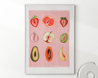 Poster de fruits féminins tranchés - art mural vintage de fruits tranchés - impression d'art positivité du corps - impression d'art égalité - affiche de fruits pour la cuisine