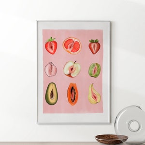 Sliced Feminine Fruit, Signed Art Print, “Fruity Sliced” Vintage Poster, 9 different fruits Print, Empowerment Print, Digital Download.