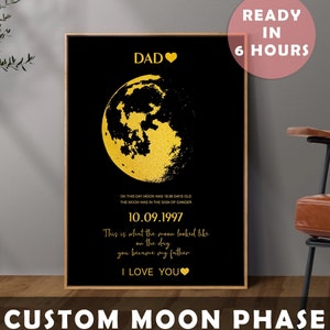Impression personnalisée des phases de la lune, Impression encadrée de ciel nocturne, Ciel nocturne par date, Cadeau d'anniversaire personnalisé, Anniversaire le jour de votre naissance, Carte des étoiles par date