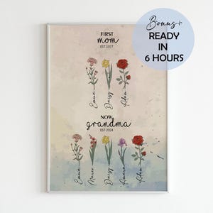 Mother&#39;s Day Gift for Grandma, Custom Birth Flower Bouquet Wall Art, Personalized Antique Flower Digital Print Christmas Gift