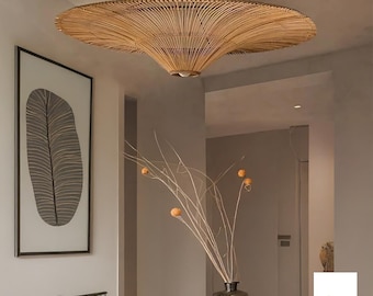 Luminária pendente de rattan de alta qualidade para sala de estar, hall de entrada, lustre estilo fazenda, luminária de bambu com treliça, abajur de vime.