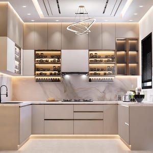Può includere: Design moderno della cucina con mobili beige chiaro, un paraschizzi in marmo e elettrodomestici in acciaio inossidabile. Il layout a forma di U include un lavandino, un piano cottura e mobili contenitori integrati con vetrine. Un'elegante lampada illumina lo spazio.