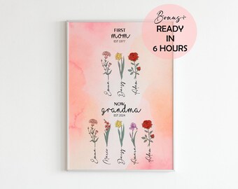 Birth Flower Family Bouquet, Personalised Watercolor Birth Flower Print, Birthday Gift, Birth Flower Prints A5, All Months, Christmas Gift