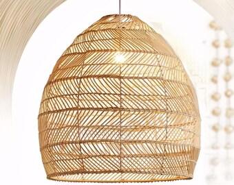 Bamboo Lustre Chandelier | Boho Bamboo Hanging Lamp | Handmade Rattan Lampshade | Bohemian Ceiling Light Fixture | Rustic Home Decor